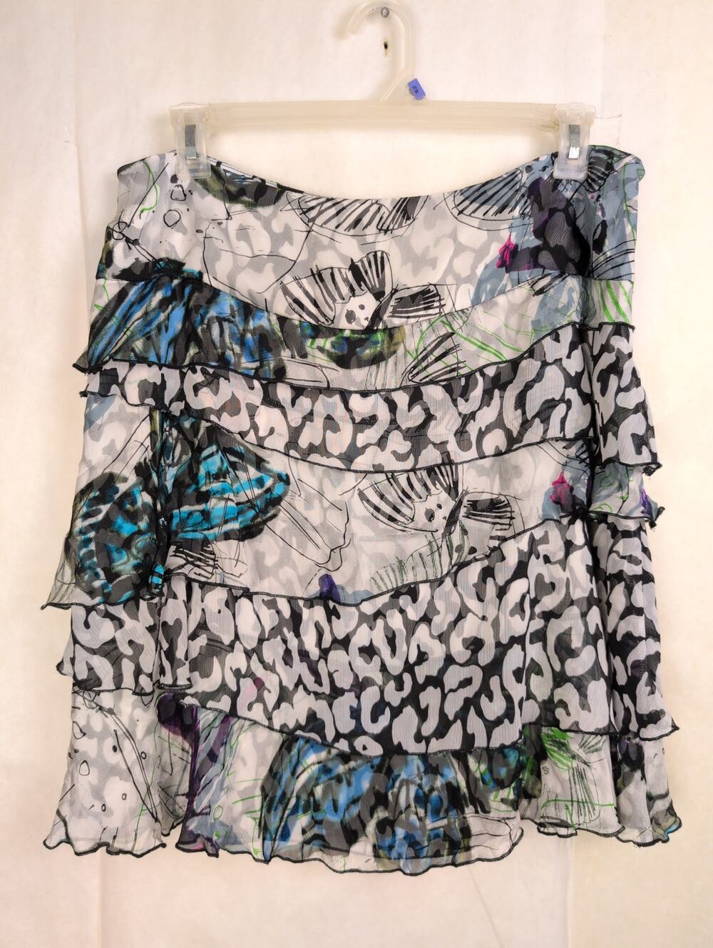 Vintage Alberto Mikali silk butterfly mixed print ruffled layer skirt 16 Boho